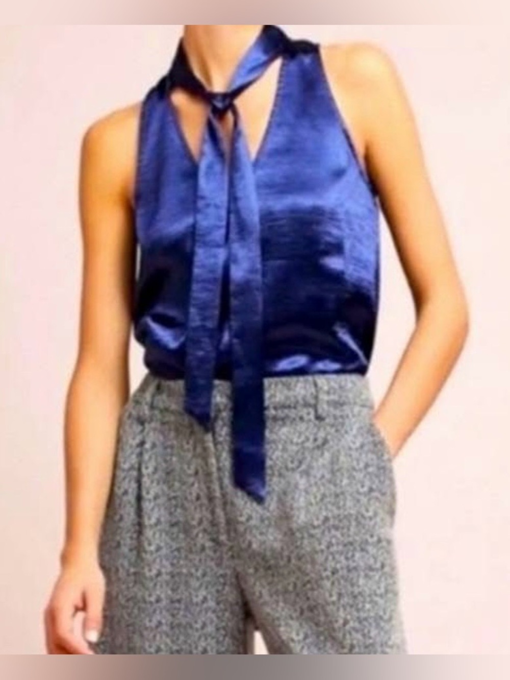 Anthropologie Maeve Satin Navy Tie-Neck Sleeveless Blouse
